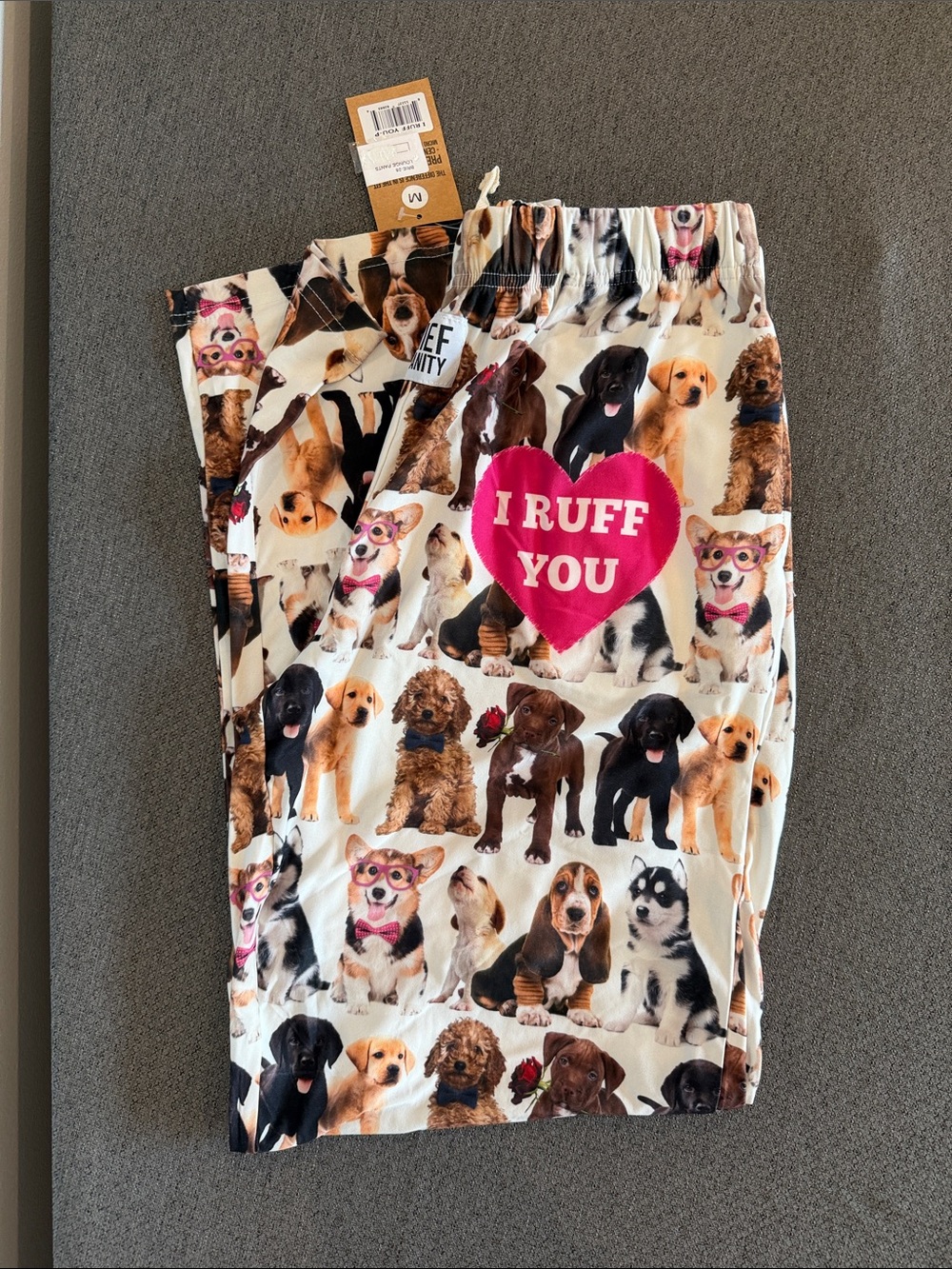 Playful Dog-Print Women's Pajama Pants with Pink Heart - White